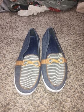Women’s Denim Stripe Slip-On Loafers with Tan Trim